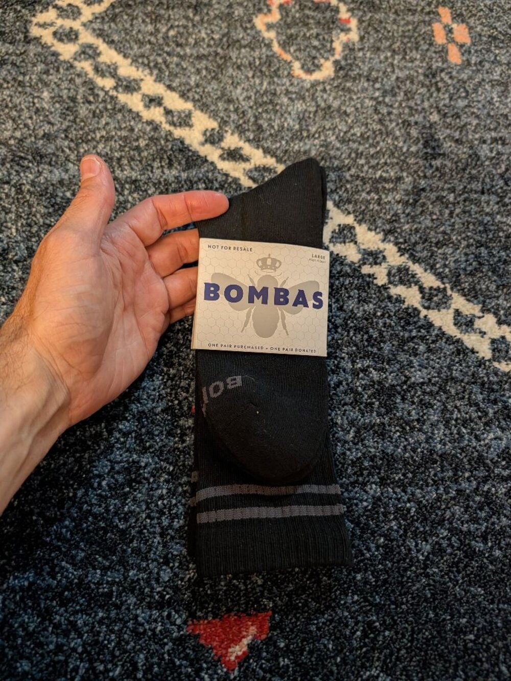 Bombas Socks Large Black Gray Stripe New Unworn Honeycomb Arch Support